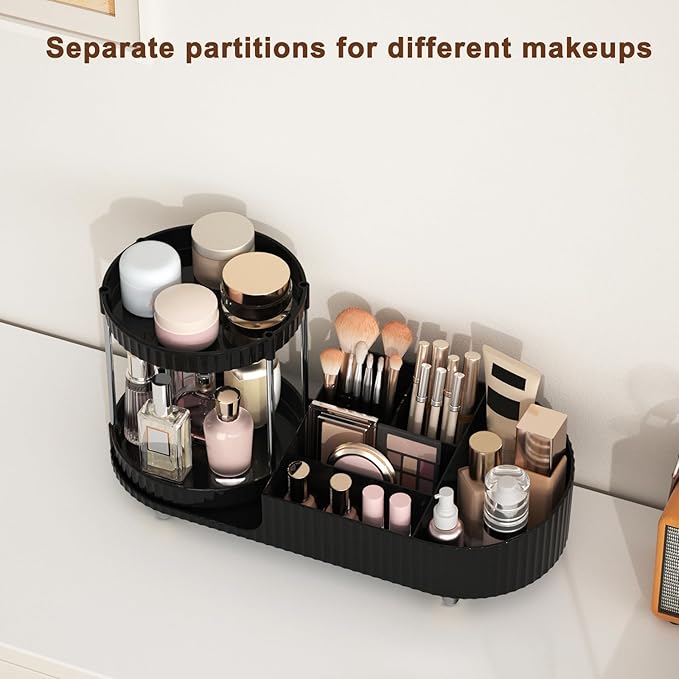 Makeup Organizer Countertop for Vanity with 360 Rotating Perfume Trays, 7-Compartment Skincare Organizers and Make Up Desk Storage, Cosmetic Organizer with Brush Holder for Bedroom Bathroom Counter-NeatNest