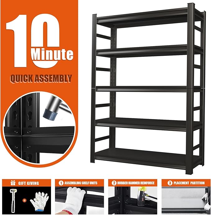 Heavy Duty 5-Tier Garage Shelf Steel Unit 3000lb Capacity | Garage & Basement Storage | Industrial Metal Shelving for Warehouse Workshop | Adjustable Rust-Resistant (72"H x 36"W x 16"D, Black)-NeatNest