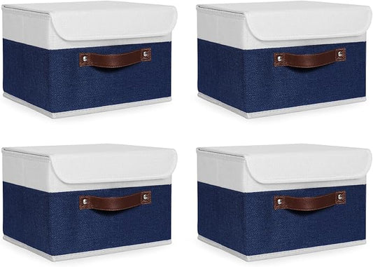 ANMINY 4PCS Storage Boxes with Lid Washable Decorative Storage Bin Basket with PU Leather Handle Foldable Linen Fabric Storage Cube Container for Home Closet Organizer - Deep Blue White, Small Size-NeatNest