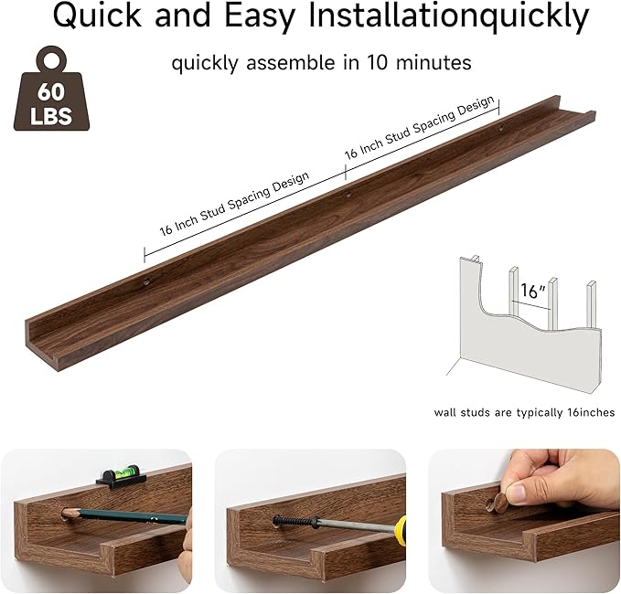 Fun Memories Picture Ledge Shelf, 48 Inch Floating Shelves Set of 2, Large Nursery Book Shelves for Toys Storage, Kids Bookshelf Wall Mounted for Wall Decor Books Photo Frames, Walnut-NeatNest