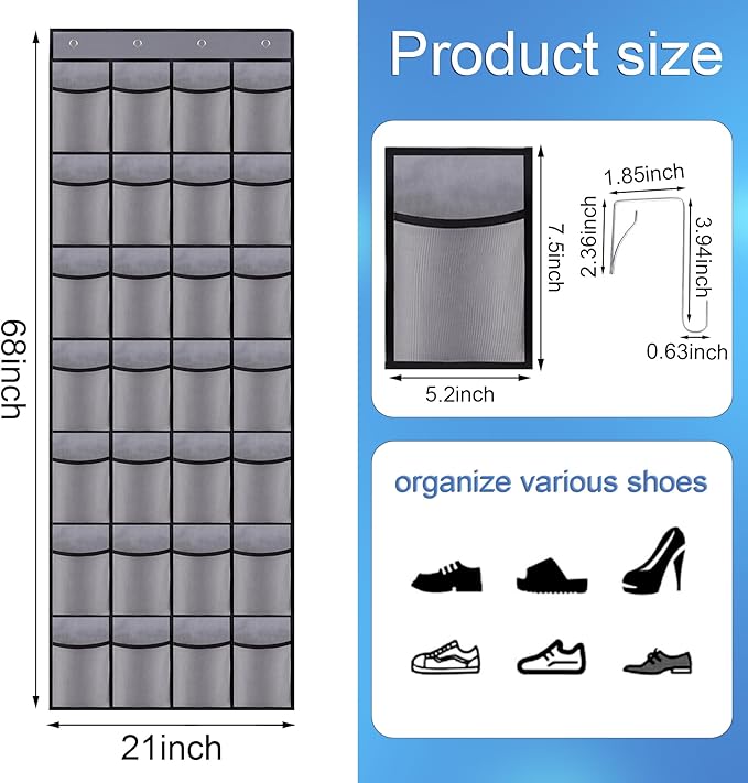28 Mesh Pockets Hanging Shoe Organizer, Over the Door Shoe Organizer，Closet Storage Holder for Back of Door Storage Holder for Back of Door(Grey)-NeatNest