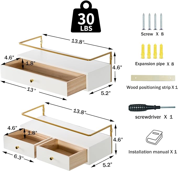 Floating Shelves With Drawers Set of 2, Wall Mounted Bathroom Storage, Rustic Wood Shelves for Bedroom, Living Room, Kitchen, Home Decor, Plants, Books (White)-NeatNest