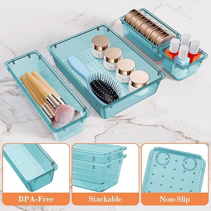 25 PCS Plastic Drawer Organizer Set, 4-Size Versatile Organizer Trays & storage Bins for Makeup, Jewelry, and Gadgets in Bathroom, Bedroom and Office, Sea Blue-NeatNest