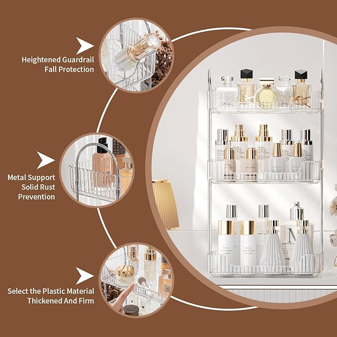 Bathroom Organizer Countertop, Vanity Trays, Skincare Makeup Organizer Shelf, Counter Shelf for Cosmetics, Toiletries, Lotions, Perfumes (3 Tiers, Clear)-NeatNest