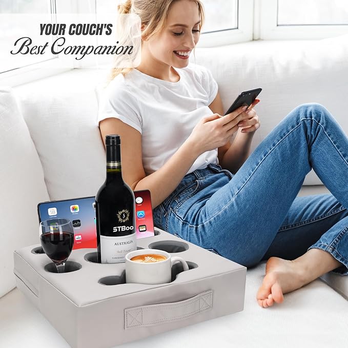 STBoo Couch Cup Holder Pillow Tray - Sofa Drink Cup Holder Cozy Buddy | Bed Caddy Organizer for Remote, Snacks Beverage, Phones, Tablet | Use it on Car, Pack, Beach, RV, Boat, Bedroom (SilverGrey)-NeatNest