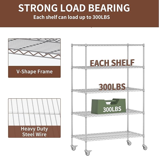 5-Tier Metal Storage Shelving Unit, Adjustable Storage Rack Display Shelves, Industrial Steel Wire Shelf on Wheels, Commercial and Home Use, 48”W x 24”D x 72”H, 1500 LBS Capacity-NeatNest
