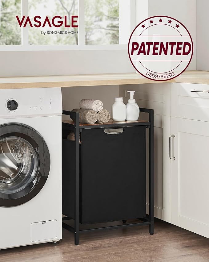 VASAGLE Laundry Hamper, Laundry Basket, Laundry Sorter with A Pull-Out and Removable Bag, Shelf, Metal Frame, 17.2 Gallons (65 L), 19.7 x 13 x 28.4 Inches, Black and Rustic Brown UBLH101B01-NeatNest