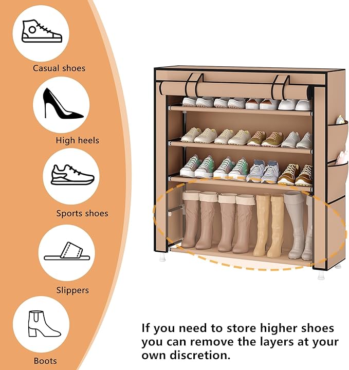 Laiensia 5-Tier Vertical Shoe Rack Organizer, Space Saving Shoe Storage Organizer, Non-Woven Cover Shoe Shelf Holds 20-25Pairs for Bedroom, Hallway, Closet Entryway, Brown-NeatNest