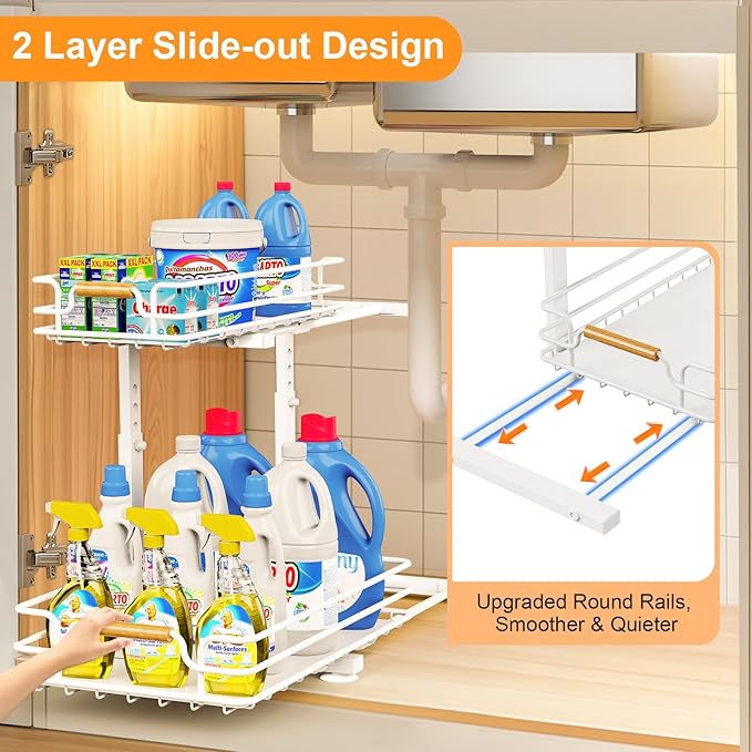 JYPS 2 Pack Under Sink Organizer, 2 Tier Pull Out Under Kitchen Bathroom Sink Organizer and Storage, Metal Sliding Drawer for Cabinet Pantry Undersink Organizers Shelf-NeatNest