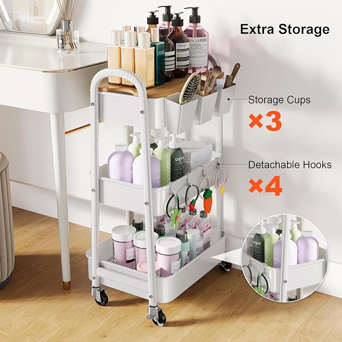 3 Tier Rolling Cart Metal with Wheels and Bamboo Table Top, Art Cart Organizer on Wheels, White Three Tiered Storage Utility Carts for Craft, Baby, Diaper Caddy,Coffee,Kitchen,Cleaning,Office Supplies