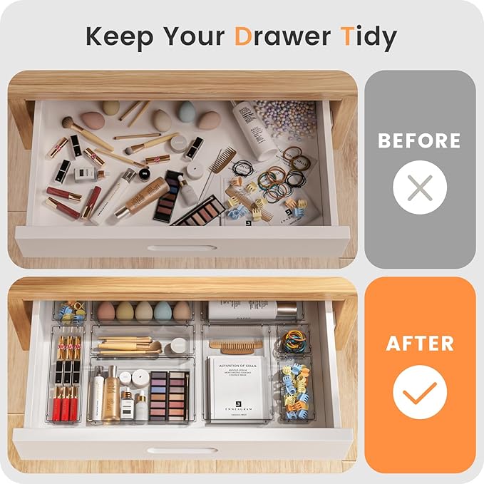 【Crystal Design】A-LUGEI Clear Drawer Organizer,【Military Grade】Acrylic Makeup Organizer, Bathroom Organizers and Storage, Organization and Storage, Organizer Bins for Office Vanity Kitchen Tool Trays-NeatNest