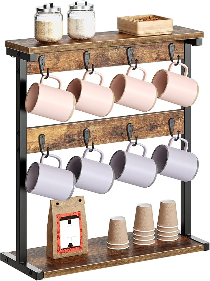 Coffee Mug Holder for Counter, 2 Tier Mug Tree Rack, with 8 Hook and 2 Open Shelves, Vintage Mug Holder Stand for Home Kitchen, Rustic Brown MH43BR-NeatNest