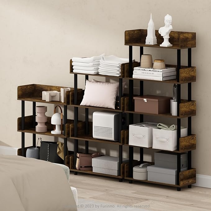 Furinno Turn-N-Tube 5-Tier Multipurposes Display Rack, Open Shelf Rack/Storage with Back & Side Panel, Amber Pine/Black-NeatNest