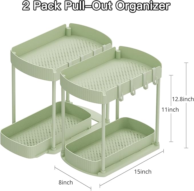 2 Pack Multi-Purpose Pull-Out Storage Organizers, Under Sink Organizers and Storage for Bathroom & Kitchen, Under Cabinet Organizers and storage, 12.8 Inch, Green-NeatNest