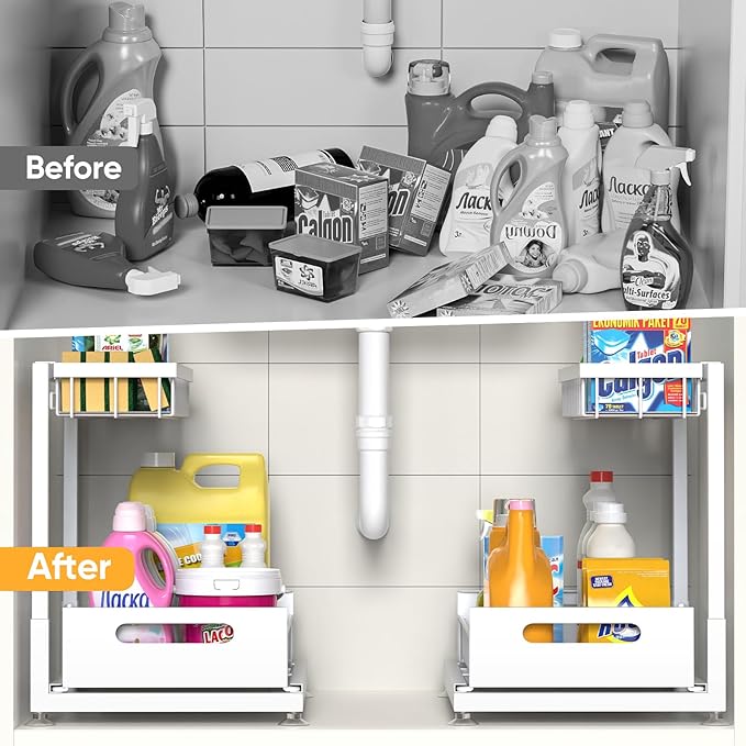 2 Pack Under Sink Organizer Storage 2-Tier Premium Metal Pull-Out Racks, Height Adjustable, Easy Installation | Kitchen & Bathroom Organizers White-NeatNest