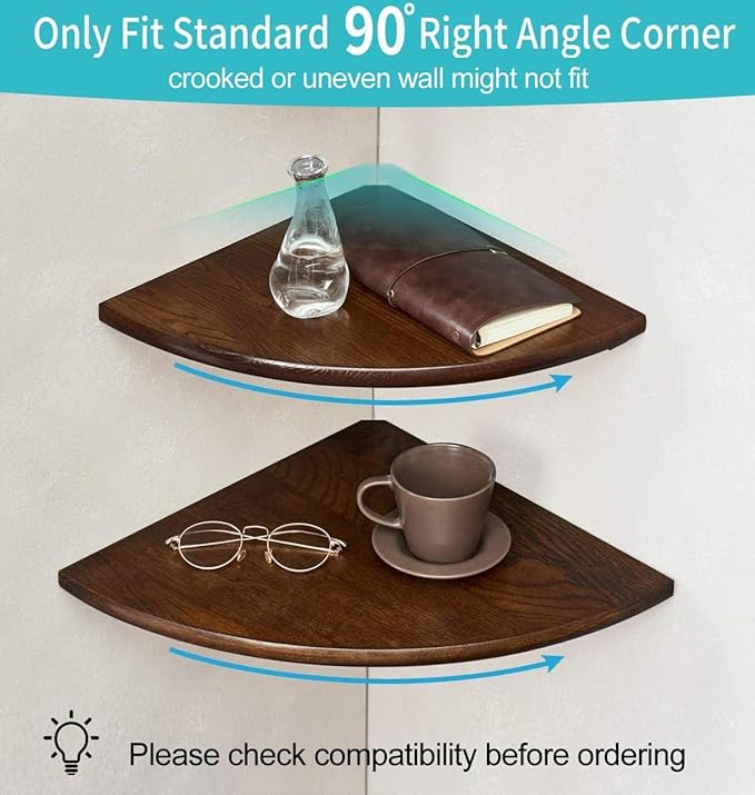 Corner Shelves, Floating Corner Shelf, Set of 2 Solid Oak Wood Wall Shelves, Round End Wall Mount with Wire Hole Shelving for Small Plant for Bedroom Kitchen, Living Room Walnut 8.7”-NeatNest
