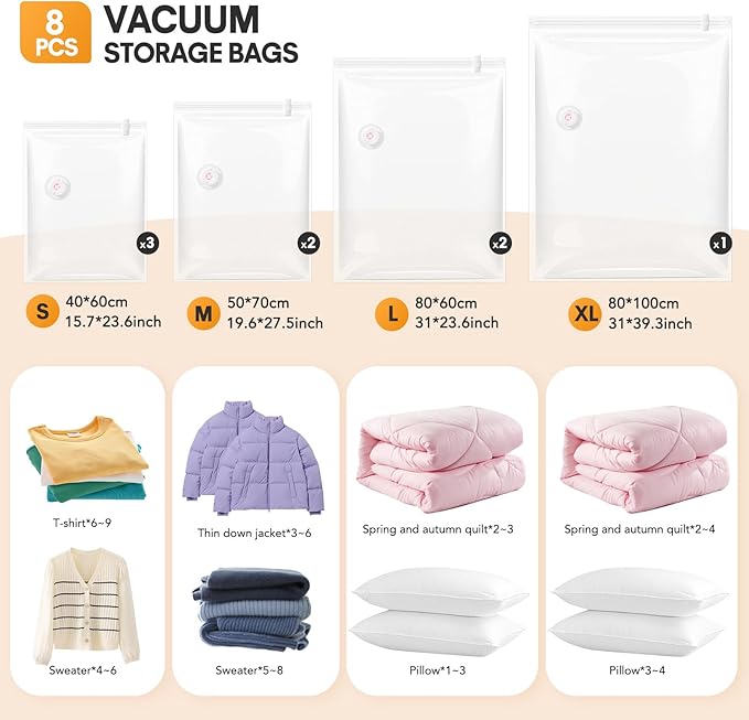 8 Pack Vacuum Storage Bags Jumbo, Vacuum Seal Bags for Clothing, 1 Jumbo+2 Large+2 Medium+3 Small, 80% Space Saver Bags for Clothes, Pillows, Comforters, Blankets,Home Travel Essentials(8 Combo)-NeatNest