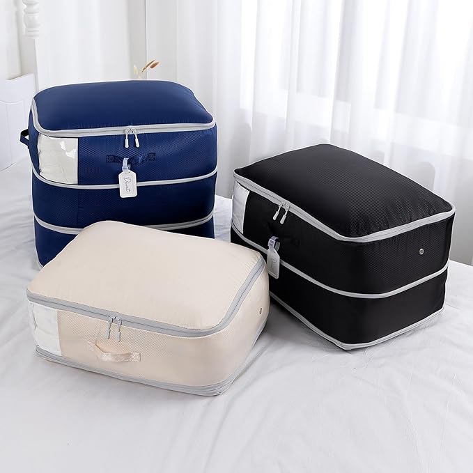 Comforter Storage Bag - Large Capacity Blanket Storage Bags 3-Layer Ultra Space Saving Self Compression Organizer, Washable Compression Bags for Storage Comforter Blanket, 6-Pack, Navy Blue-NeatNest