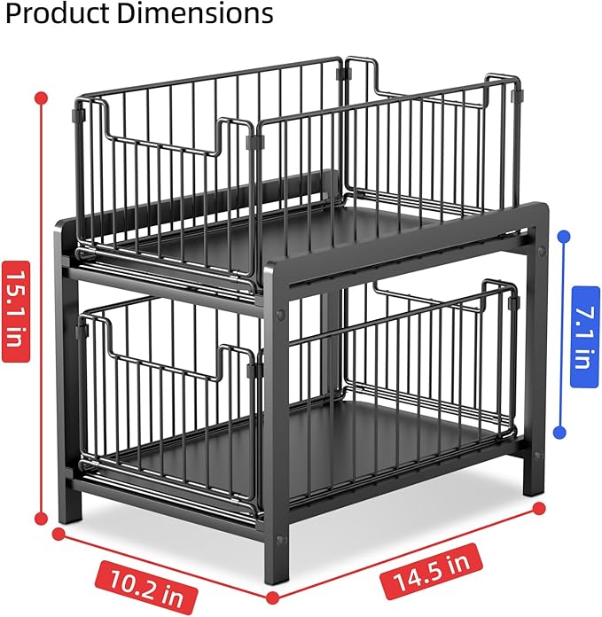 2 Tier Sliding Basket Drawer Organizer, Lxmons Pull Out Under Sink Cabinets Organizers, Metal Home Shelf for Bathroom or Kitchen, Sliding Countertop or Pantry Storage Shelf, Large Black-NeatNest