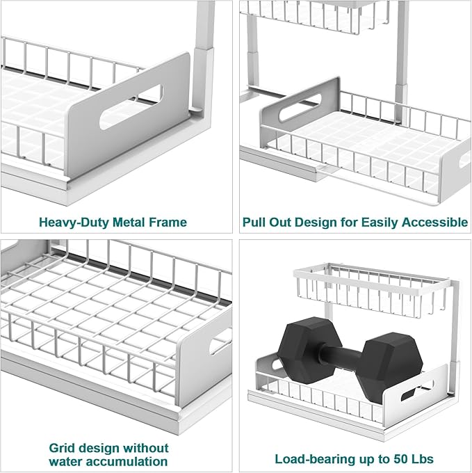 bukfen Under Sink Organizer, Pull Out Home Organizers 2-Tier Slide Out Sliding Shelf Under Cabinet Storage Multi-Use for Under Kitchen Bathroom Sink Organizers and Storage,White,2 Pack-NeatNest
