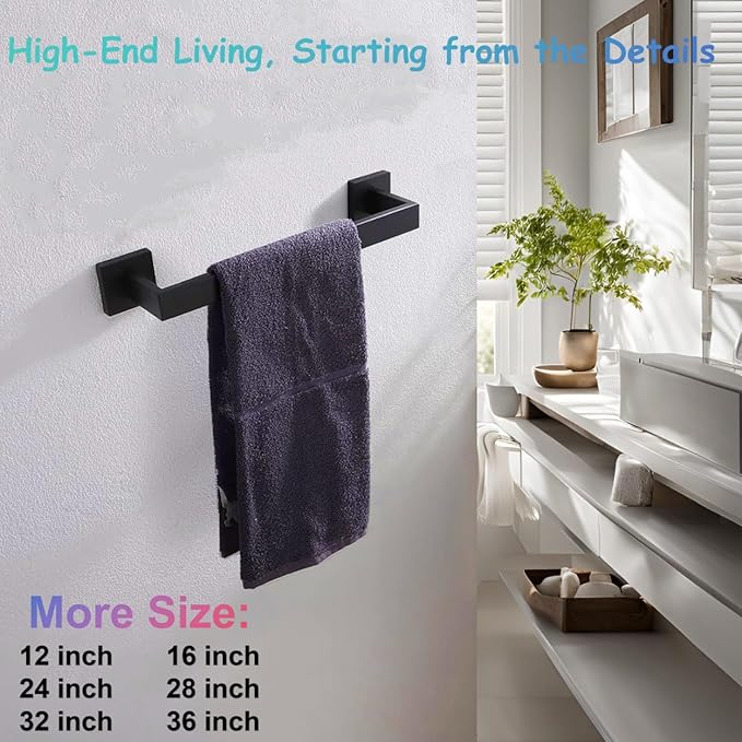 12 Inch Towel Bar for Bathroom 12/16/24/28/32/36 Inch Kitchen Towel Holder Matte Black Towel Rod Wall Mounted SUS304 Rustproof Towel Rack Modern Square Design (1, Matte Black, 12 Inch)