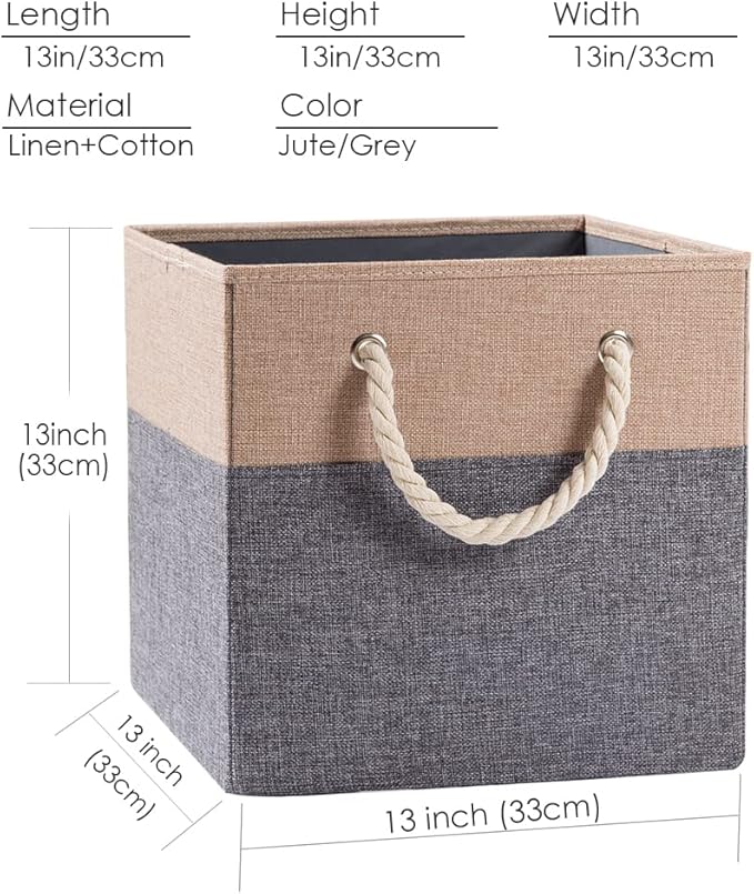 PRANDOM Large Foldable Cube Storage Bins 13x13 inch [4-Pack] Fabric Linen Storage Baskets Cubes Drawer with Cotton Handles Organizer for Shelves Nursery Closet Bedroom Khaki-NeatNest