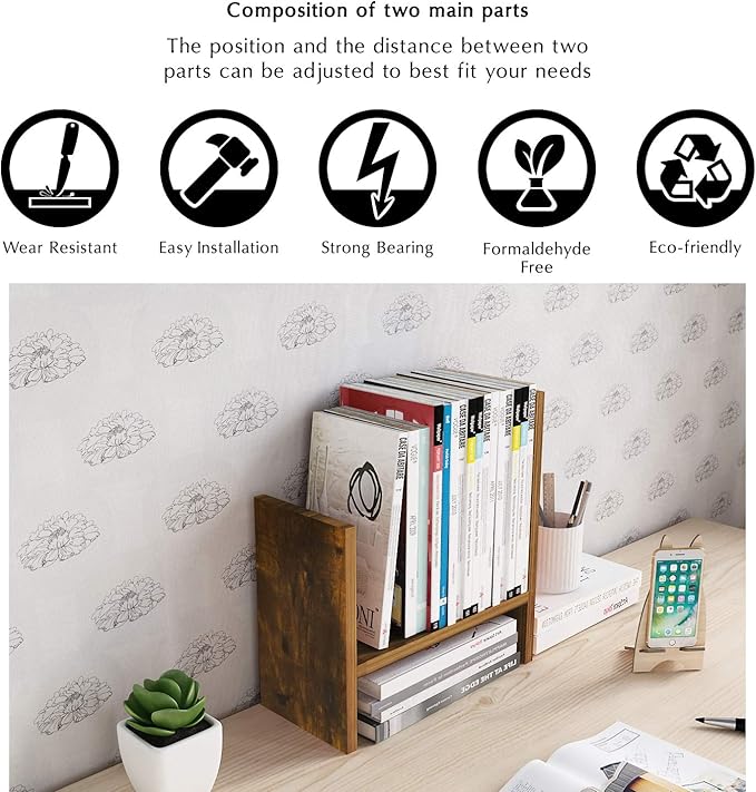 Jerry & Maggie Desktop Organizer Office Storage Rack Adjustable Wood Display Shelf Free Style Double H, Multi-Functional Mini Bookshelf for Desk Natural Stand (Natural Wood Tone)-NeatNest