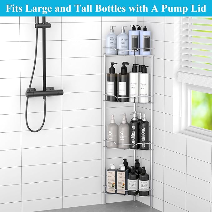 4 Tier Floor Standing Corner Shower Caddy Organizer Shelf with Hooks, Bathroom Shelves Stand Rack, Silver
