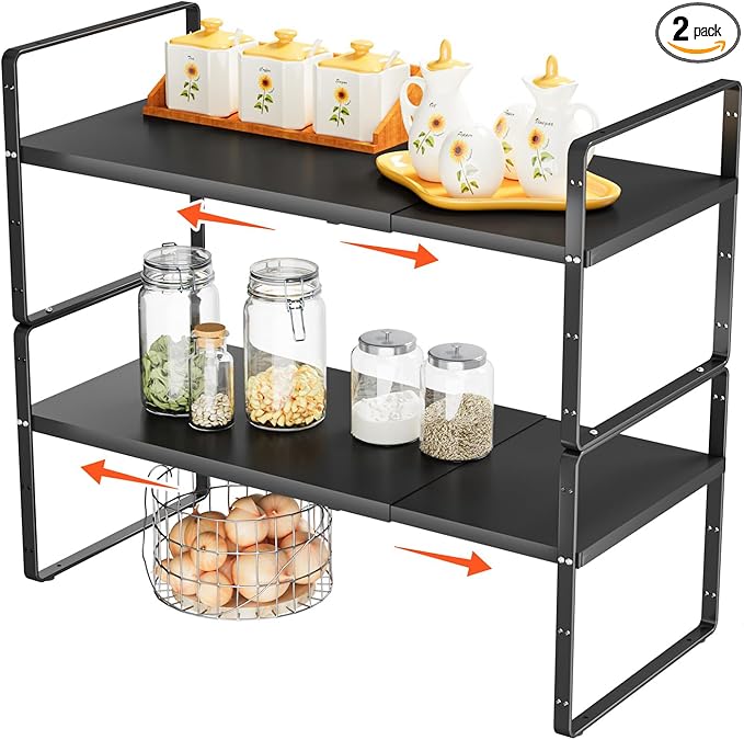 2Pack 16.5-27’’L Expandable Stackable Cabinet Shelves, Adjustable Spice Rack Cabinet Shelf Organizer for Kitchen, Countertop, Pantry and Cupboard, Black-NeatNest