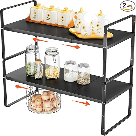 2Pack 16.5-27’’L Expandable Stackable Cabinet Shelves, Adjustable Spice Rack Cabinet Shelf Organizer for Kitchen, Countertop, Pantry and Cupboard, Black-NeatNest