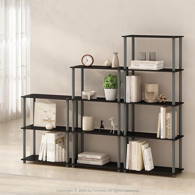 Furinno Turn-N-Tube 5-Tier Multipurpose Compact Bookcase, Black/Grey-NeatNest