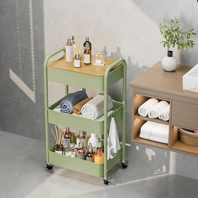 3 Tier Rolling Cart with Table top, Metal Rolling Utility Cart, Sturdy Storage Organizer Cart with Locking Wheels & Hooks for Office, Classroom, Kitchen and Bathroom-NeatNest