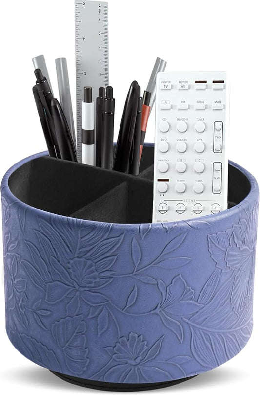 Hennaja Round Leather Art Supply Organizer,Remote Control Holder,360 Degree Spinning,Multi-Functional Pencil Holder,4 Compartments Desktop Stationary Organizer(1-Carved Dark Blue)-NeatNest