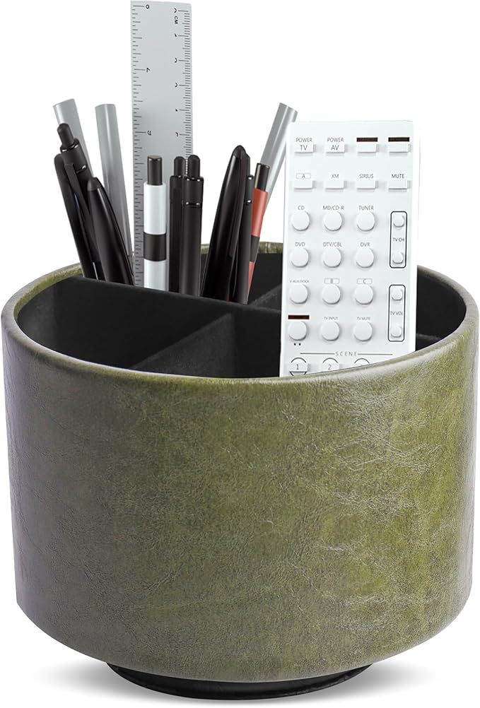 Hennaja Round Leather Art Supply Organizer,Remote Control Holder,360 Degree Spinning,Multi-Functional Pencil Holder,4 Compartments Desktop Stationary Organizer(1-Oil Green)-NeatNest