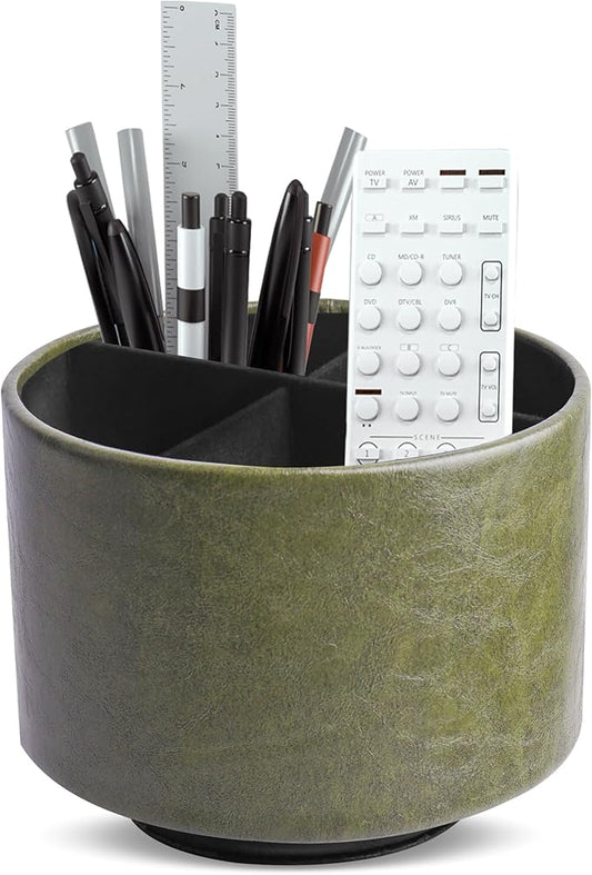 Hennaja Round Leather Art Supply Organizer,Remote Control Holder,360 Degree Spinning,Multi-Functional Pencil Holder,4 Compartments Desktop Stationary Organizer(1-Oil Green)-NeatNest