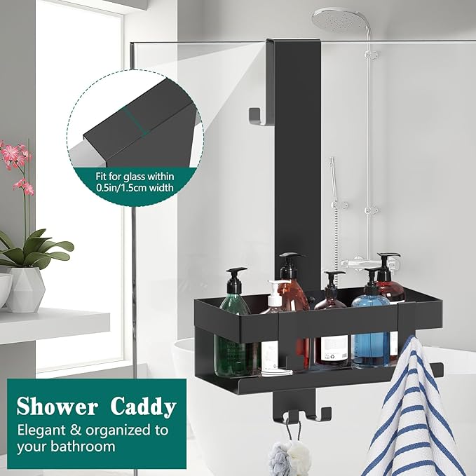Over The Door Shower Caddy, 304 Stainless Steel Hanging Shower Caddy Rustproof Shower Shelves, No Drilling Hanging Shower Organizer for Bathroom Glass Door, Black