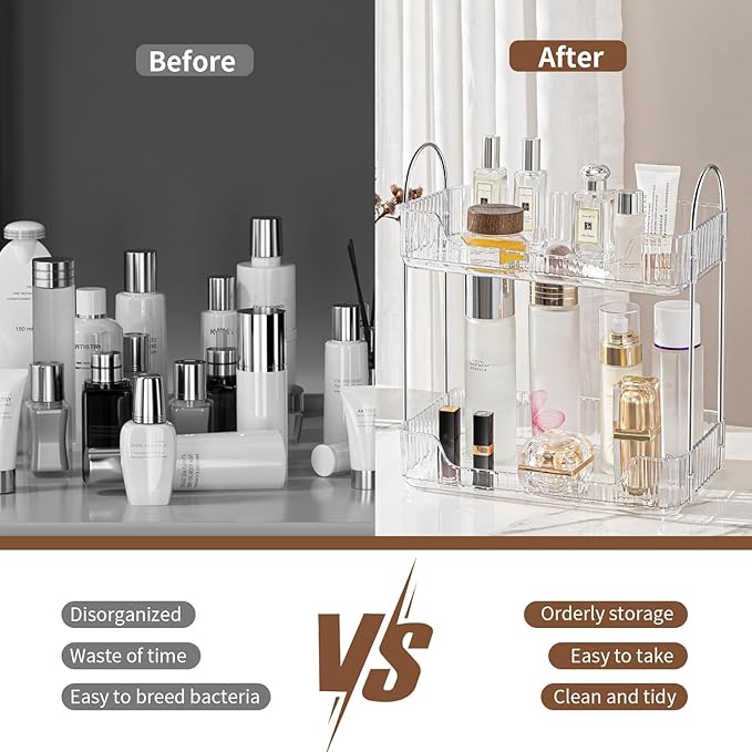 Clear 2-Tier Vanity Organizer - Countertop Shelf for Bathroom Cosmetics, Toiletries, Lotions, Perfumes-NeatNest