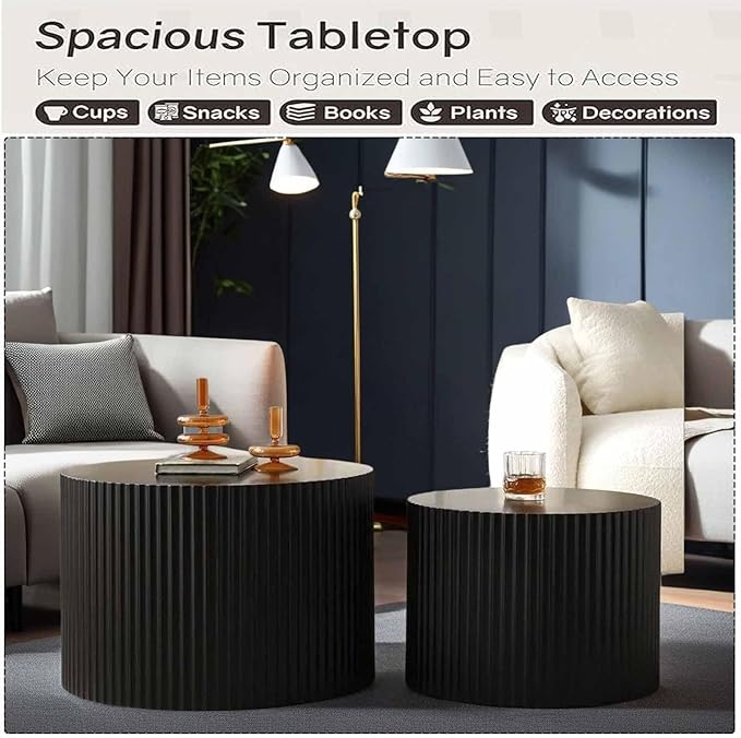Modern Round Nesting Coffee Table Set of 2, Vertical Stripe Design Drum Coffee Table Cocktail Table, Round Side Table for Living Room, Bedroom, Office, Balcony (D15.0+18.9")