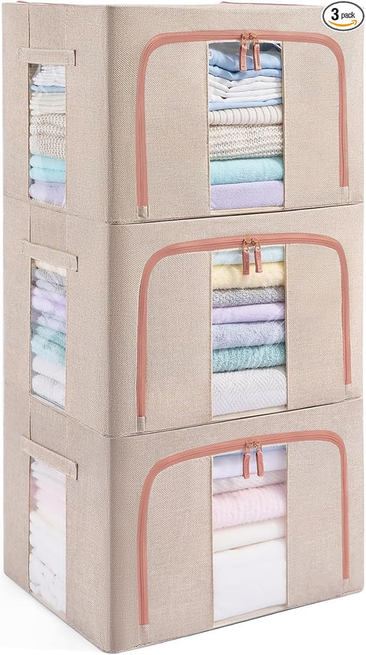 3 Pack 100L Stackable Clothes Storage Bins with Metal Frame Handles & Zipper, Collapsible Closet Organizer Box with Lid for Bedding Blankets Towel (Beige)-NeatNest