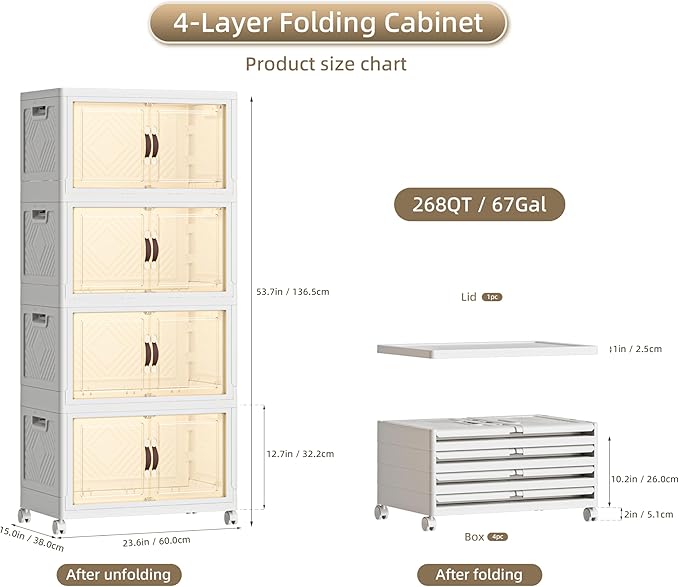 268 QT / 67 Gal White Storage Bins with 1 Lid - Collapsible Stackable Cabinet Organizer w/Wheels & Magnetic Doors, Plastic Storage Box for Office Closet Organization-NeatNest
