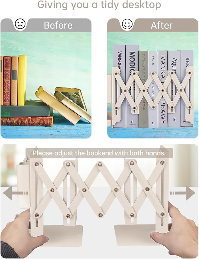 Honagu Adjustable Bookends, Metal Book Ends for Shelves Heavy Book, Desk Magazine File Organizer for Home, Office, Books, Papers with Removable Hook, Pen Holder（Milky White）