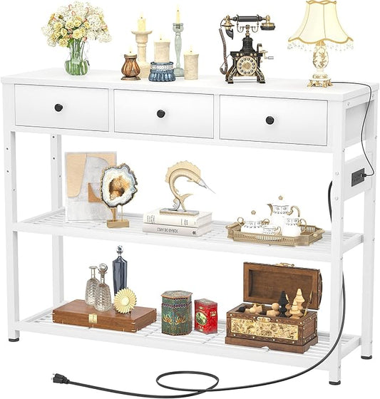 Ecoprsio 47'' Entryway Table with Outlets and USB Ports, Console Table with 3 Drawers, Sofa Table Narrow Long with Storage Shelves for Living Room, Couch, Hallway, Foyer, Kitchen Counter, White-NeatNest