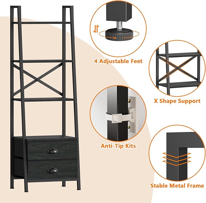 Furologee 4-Tier Ladder Shelf,Small Bookshelf with 2 Drawers,Vertical Bookcase Storage Rack Organizer,Rustic Bookshelves for Living Room,Bedroom,Bathroom,Home Office,Kitchen,Rustic Brown,Black Oak