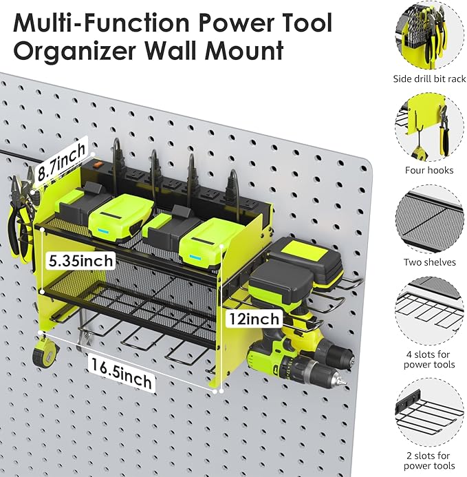 CCCEI Modular Power Tool Organizer Wall Mount Charging Station, Green 6 Drills Holder with 8 Plug Power Strip 6FT, Garage Drill Battery Heavy Duty Metal Shelf, Utility Rack with Hooks, Side Storage.-NeatNest