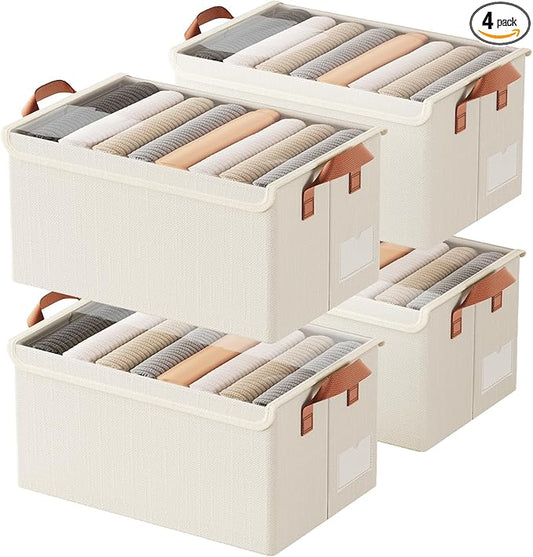 AARAINBOW Metal Frame Clothes Organizer Bins, Stackable Fabric Storage Bins with Lids, 4 Packs Fabric Boxes Foldable Closet Container for Clothes Toys, 23L (B White)-NeatNest