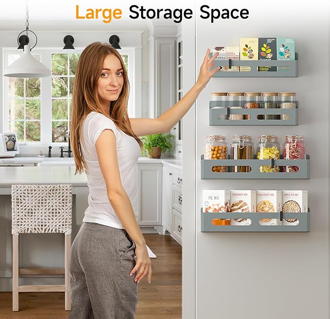 4 Pack Magnetic Spice Rack for Refrigerator, Spice Rack Organizer, Moveable Magnetic Shelf Fridge Organizer with 4 Hooks for Kitchen and Oven Organization, Grey