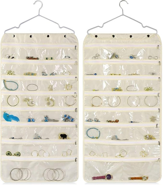 Flexzion Hanging Jewelry Organizer with Zippered Pockets - (1 Pack) Beige Closet Jewelry Organizer Storage with Hanger, 56 Pockets Dual Sided Earring Organizer Hanging for Bracelet, Watches, Ring-NeatNest