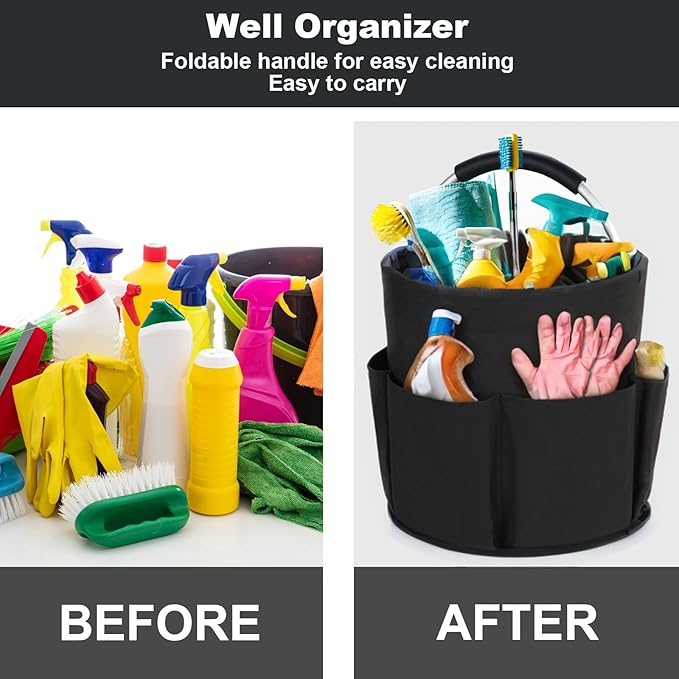 Cleaning Caddy with Handle, Cleaning Products Organiser, 17L Foldable Storage Basket, Cleaning Caddy Organiser, Portable Multi Cleaning Bucket Bag for Home, Garden (Black)-NeatNest