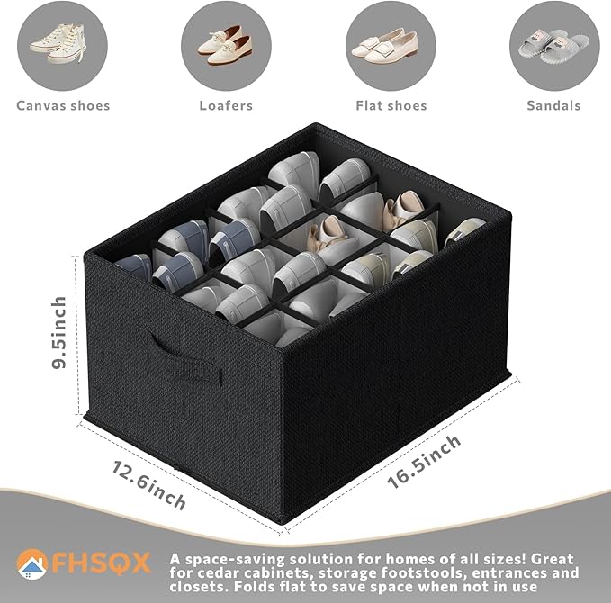 2 Pack Shoe Organizer for Closet,Foldable Shoe Organizer,Fits up to 24 Pairs,Storage Containers With Bottom Support for Shoes (Black, 16.5 * 12.6 * 9.5in)-NeatNest
