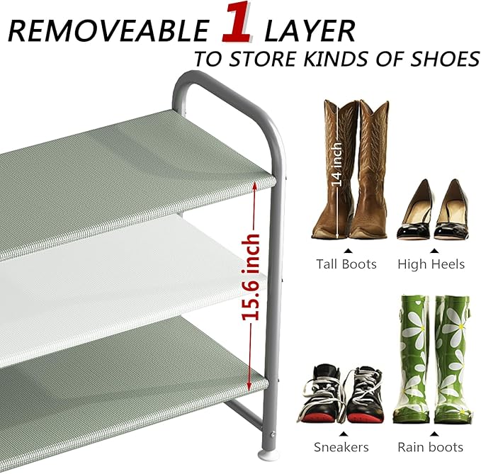 Shoe Rack 3 Tier Long Storage Organizer Wide Metal Shoe Shelf for Closet Entryway Grey-NeatNest